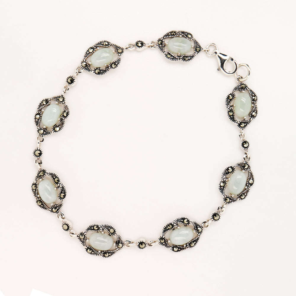 Natural jade with marcasite halo bracelet in silver