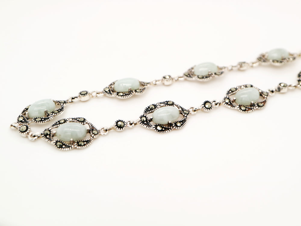 Natural jade with marcasite halo bracelet in silver