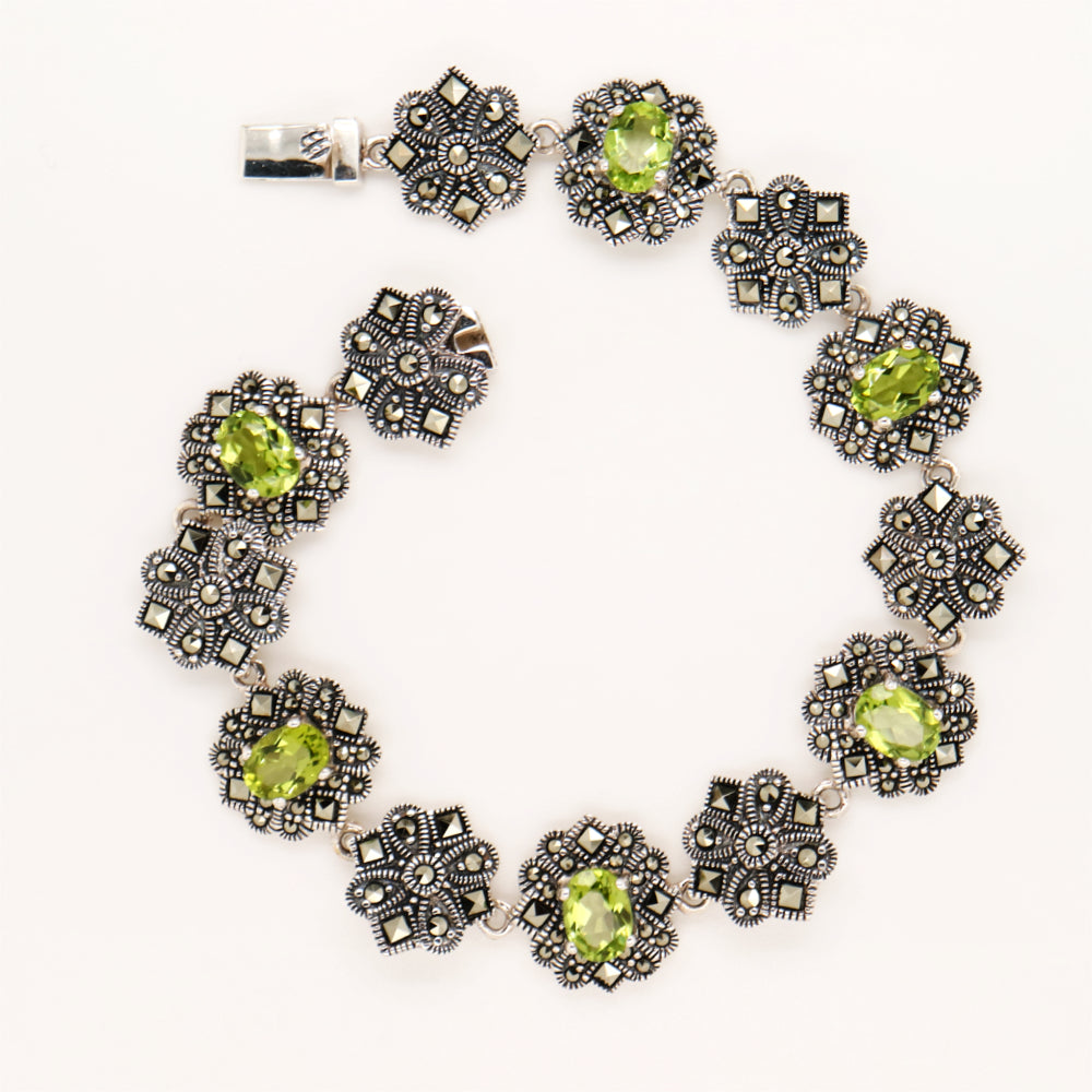 Art deco bracelet with peridot and marcasite in sterling silver