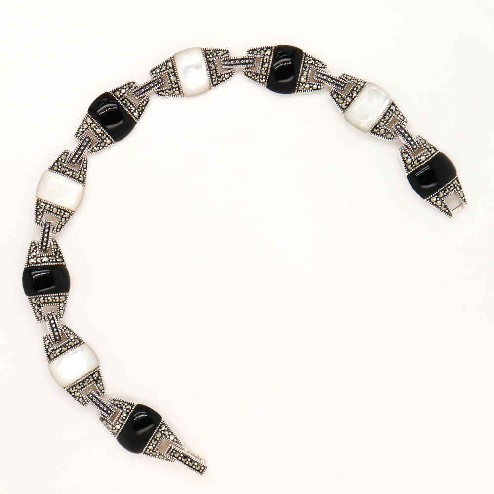 Onyx and mother of pearl art deco bracelet in sterling silver with marcasite