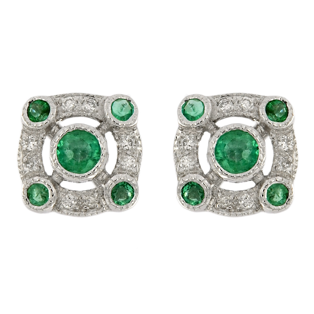 Art deco emerald studs with diamond and emerald halo in 9k white gold