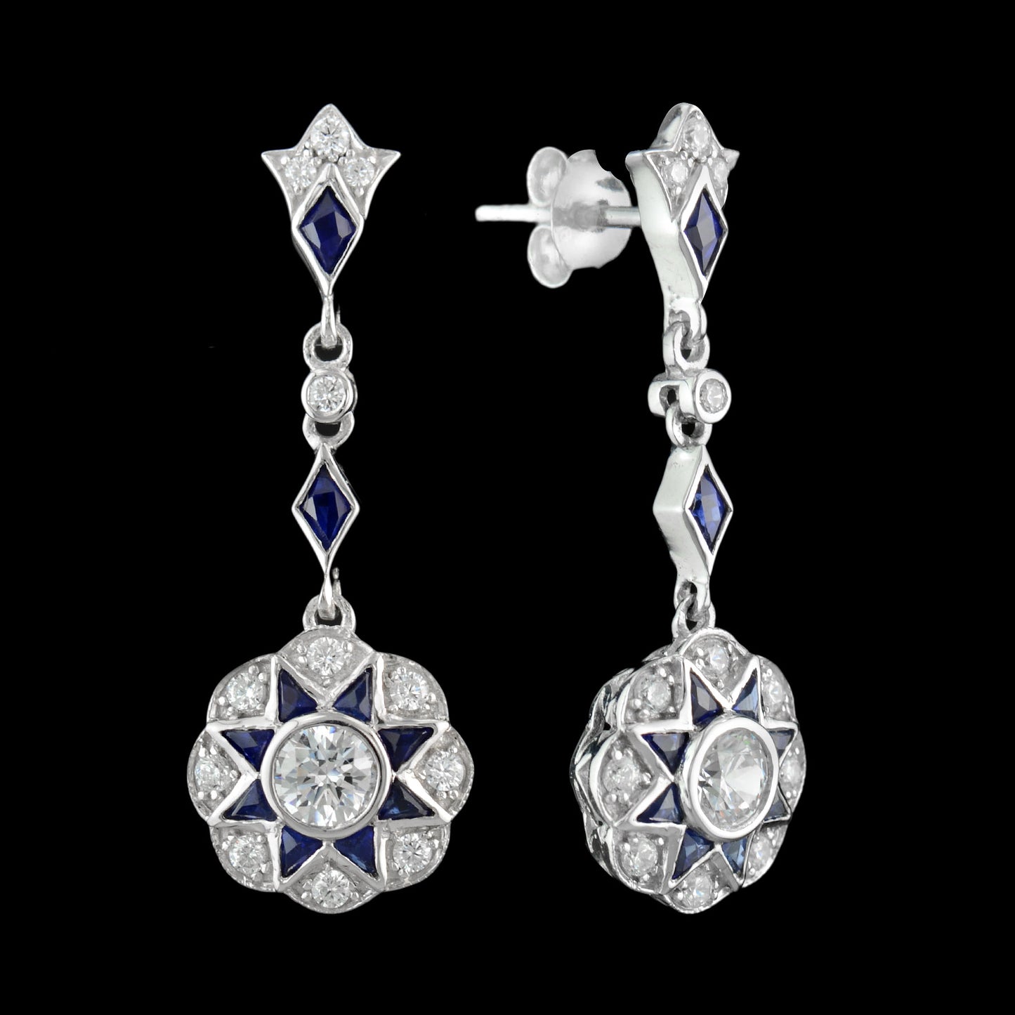 Art deco style starbust dangle earrings with natural diamonds and sapphires in 9k white gold