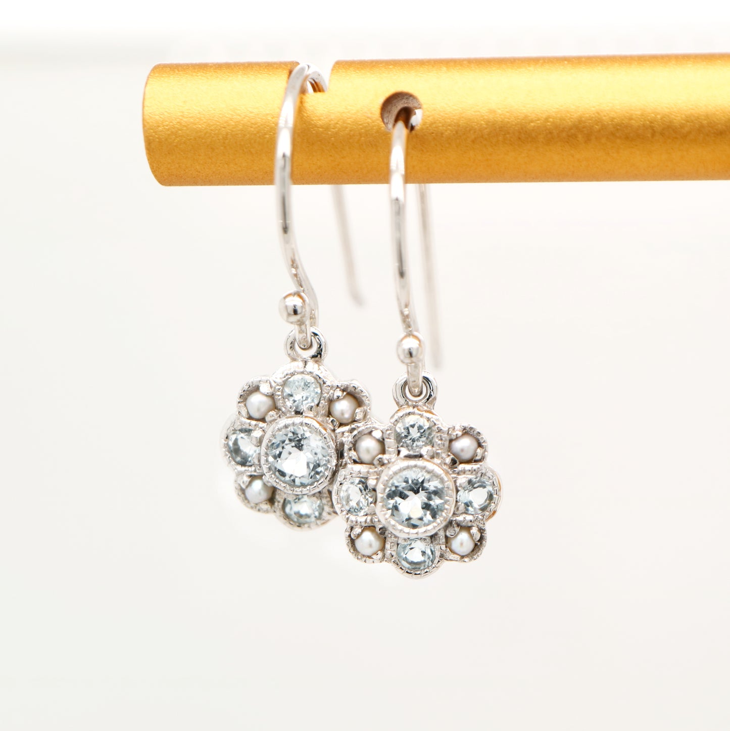 Victorian cluster drop earrings with blue topaz and pearl in 9k white gold