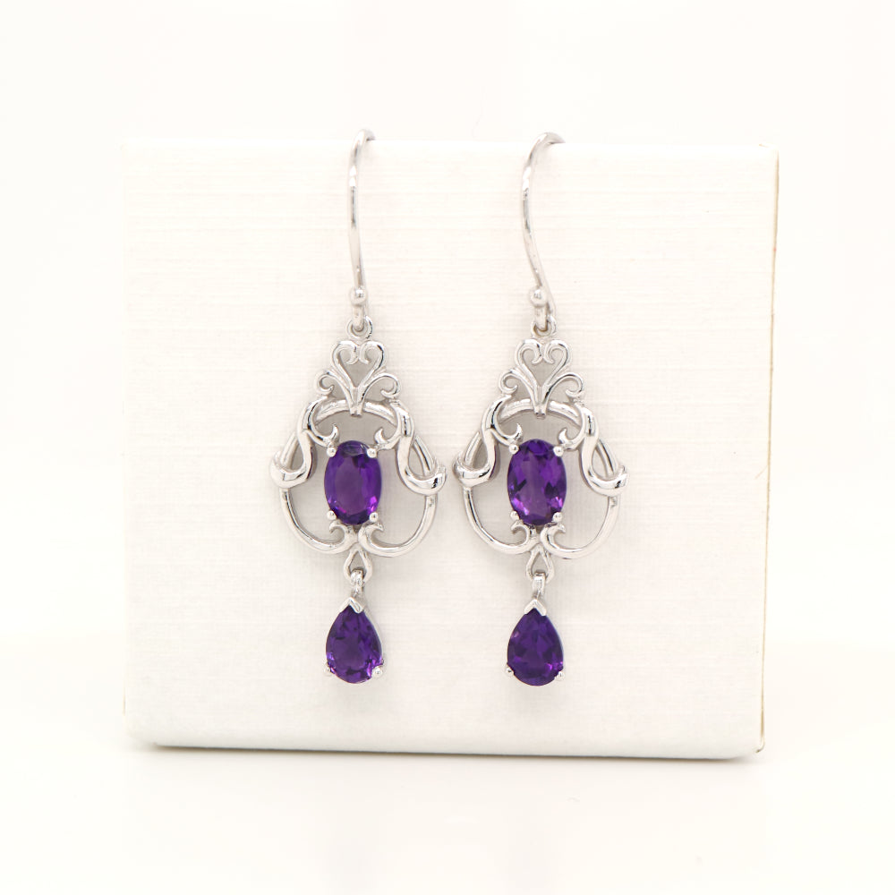 Art nouveau style earrings with amethyst in 9k white gold