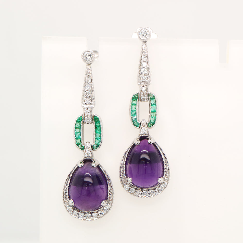 Art deco amethyst drop earrings with natural diamond and emeralds in 9k white gold