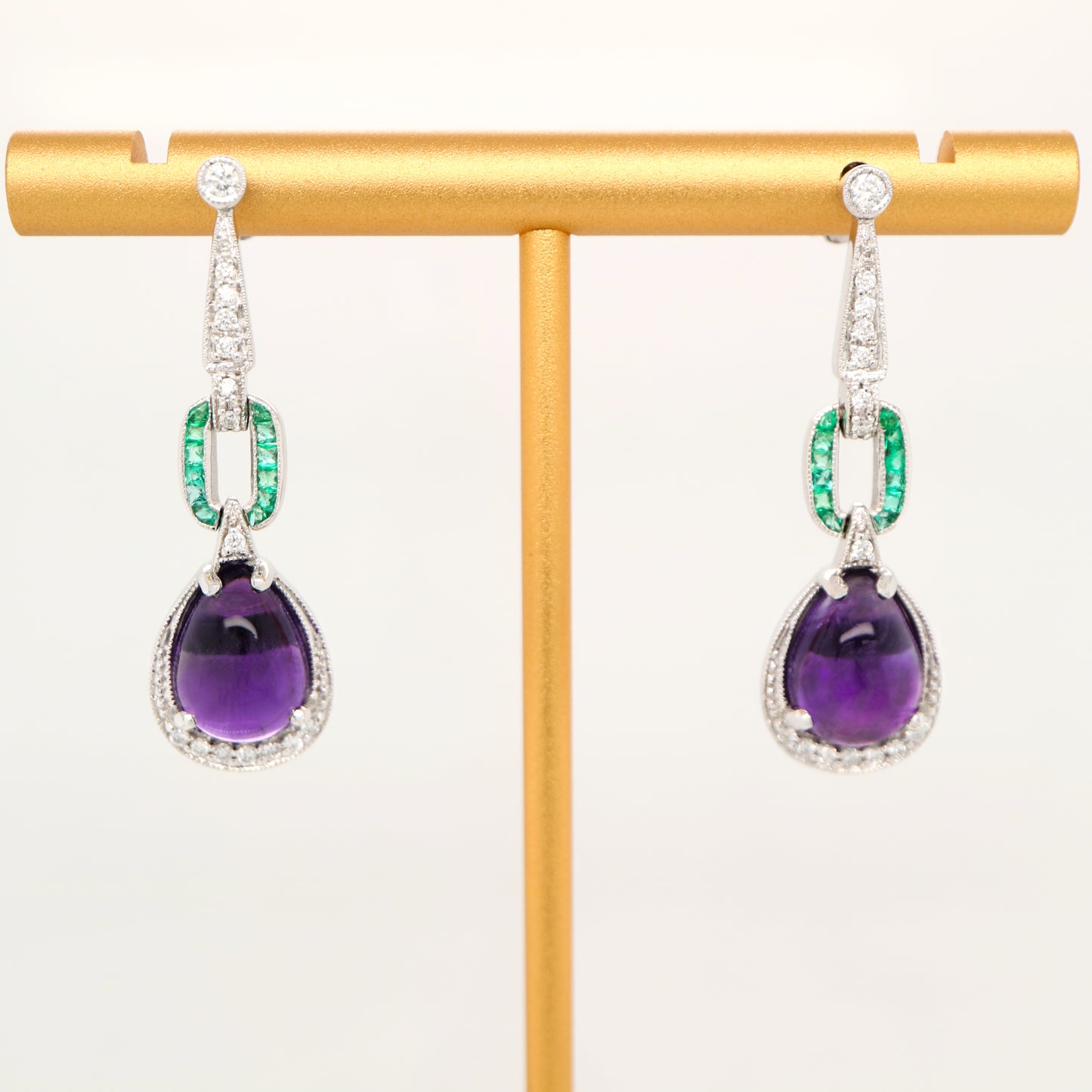 Art deco amethyst drop earrings with natural diamond and emeralds in 9k white gold