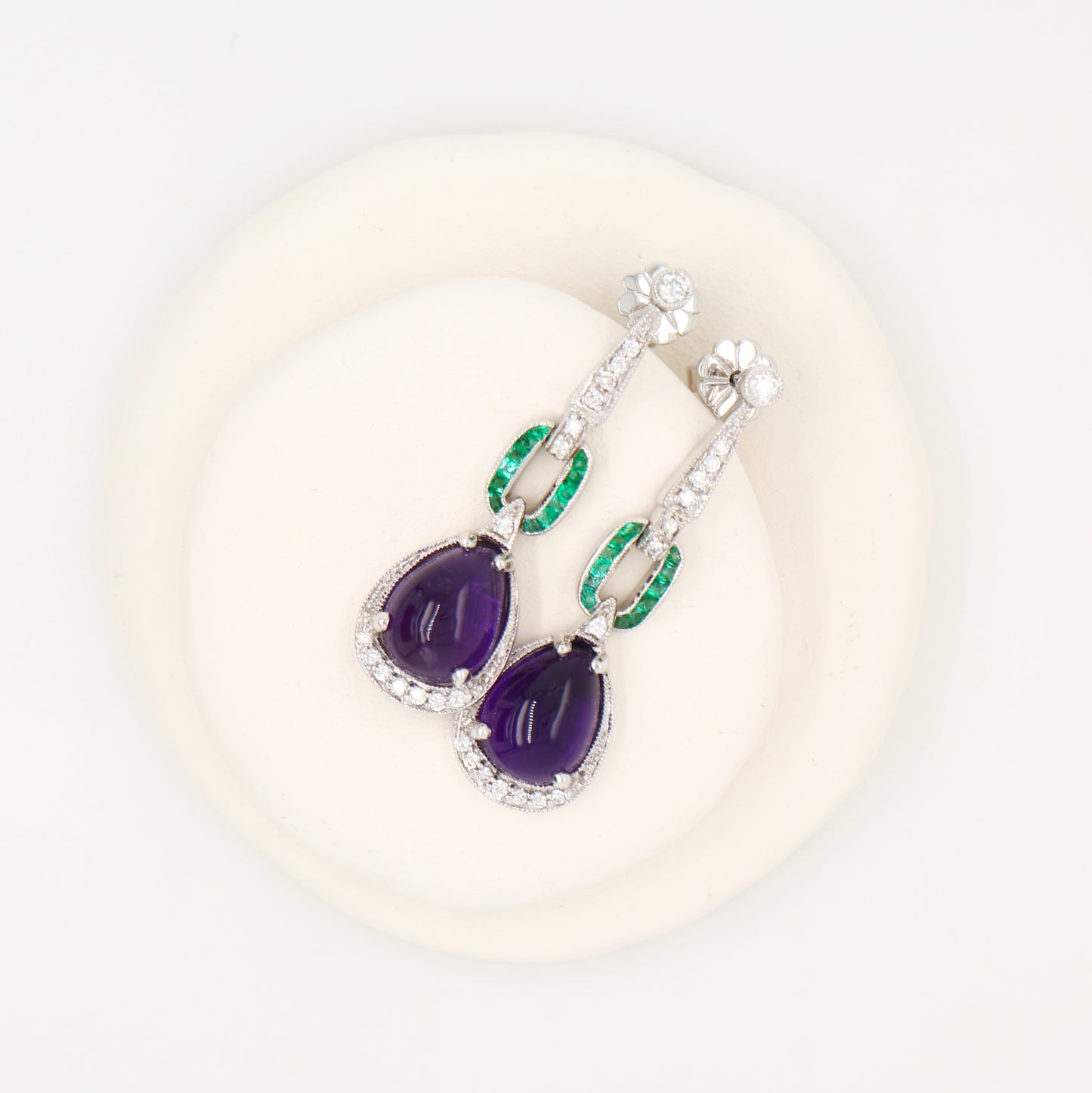 Art deco amethyst drop earrings with natural diamond and emeralds in 9k white gold