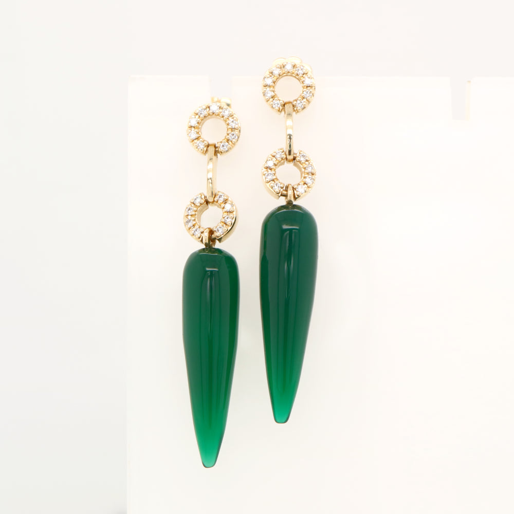 Green agate drop stud earrings with natural diamonds in 9k white gold