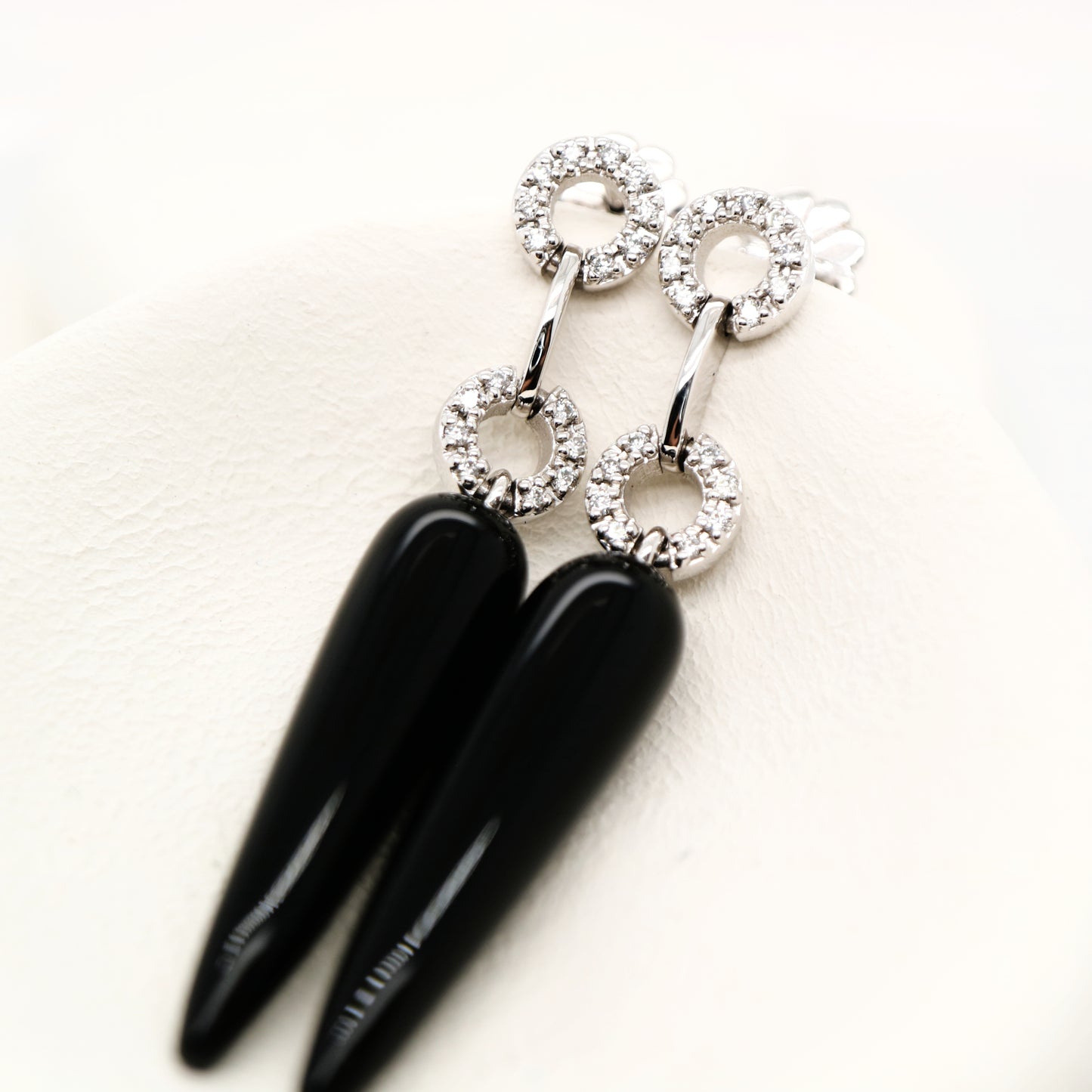Onyx drop stud earrings with natural diamonds in 9k white gold