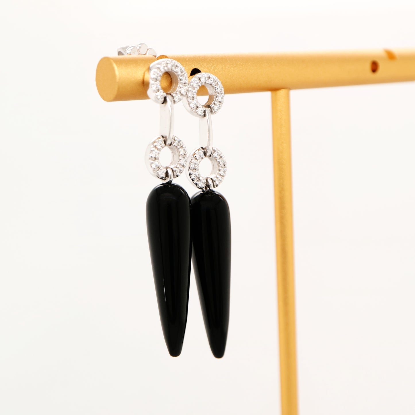 Onyx drop stud earrings with natural diamonds in 9k white gold