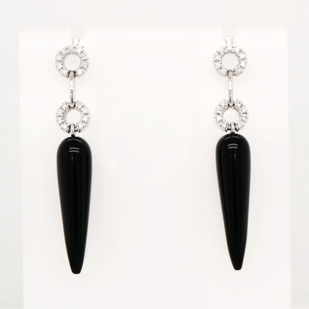 Onyx drop stud earrings with natural diamonds in 9k white gold