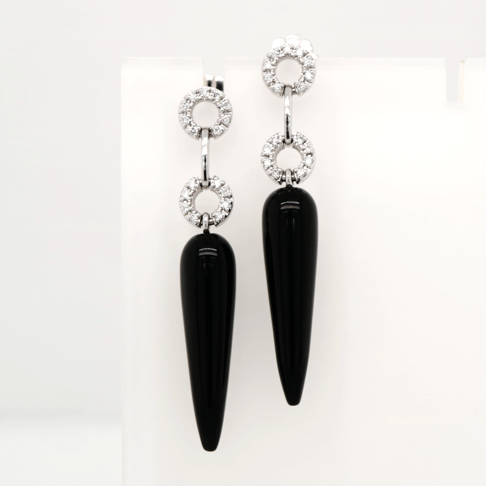 Onyx drop stud earrings with natural diamonds in 9k white gold