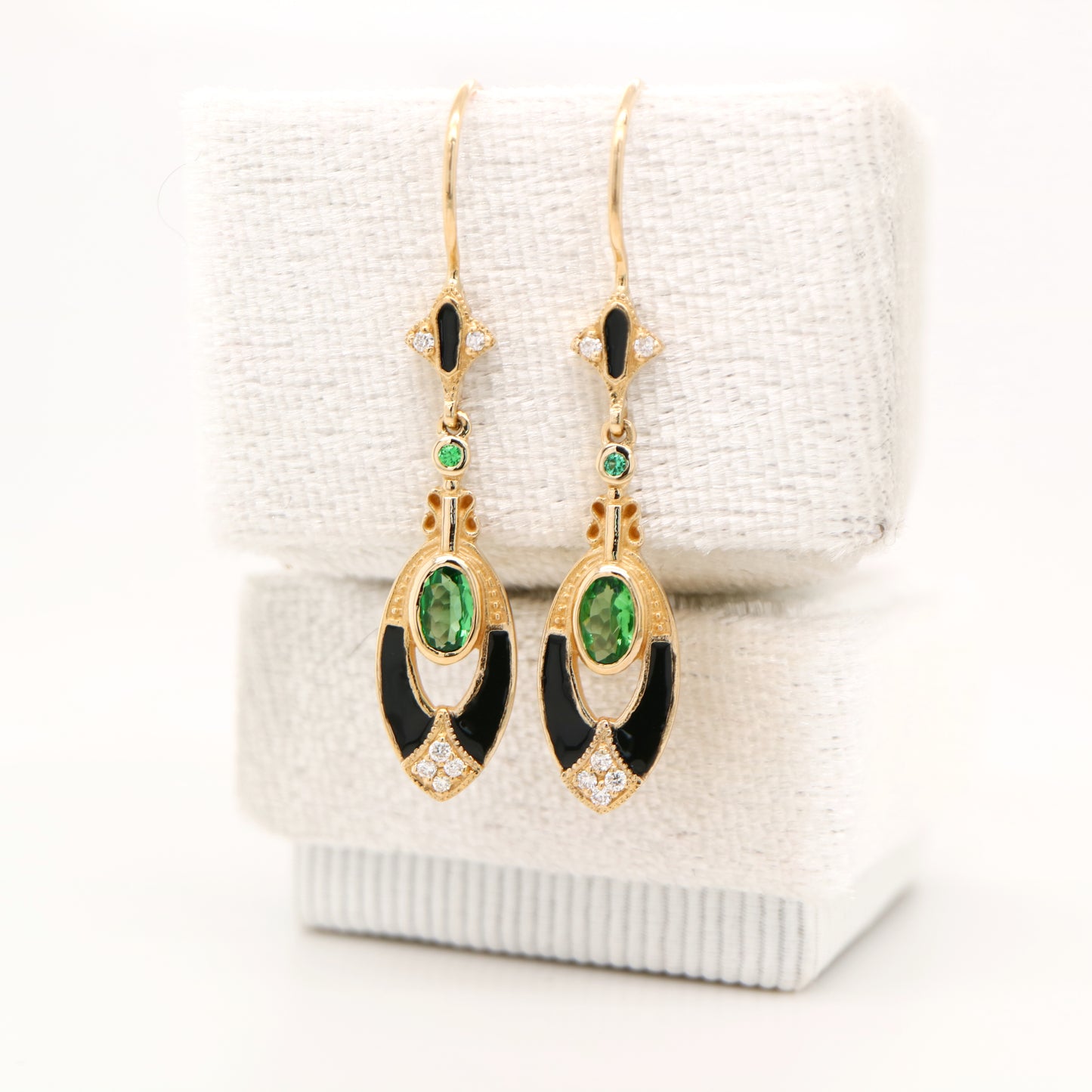 Tsavorite Garnet with diamonds, drop earrings in 9k yellow gold