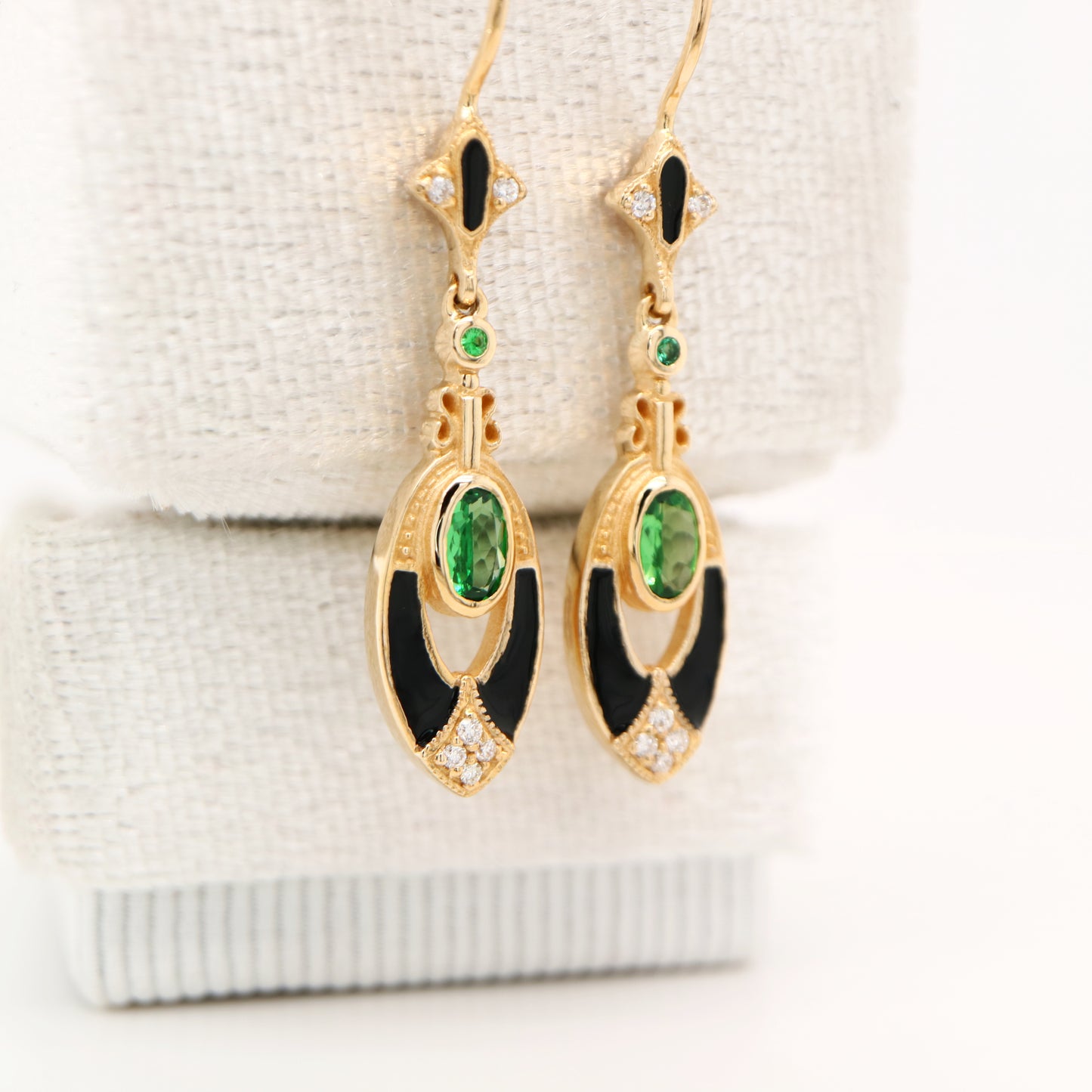 Tsavorite Garnet with diamonds, drop earrings in 9k yellow gold