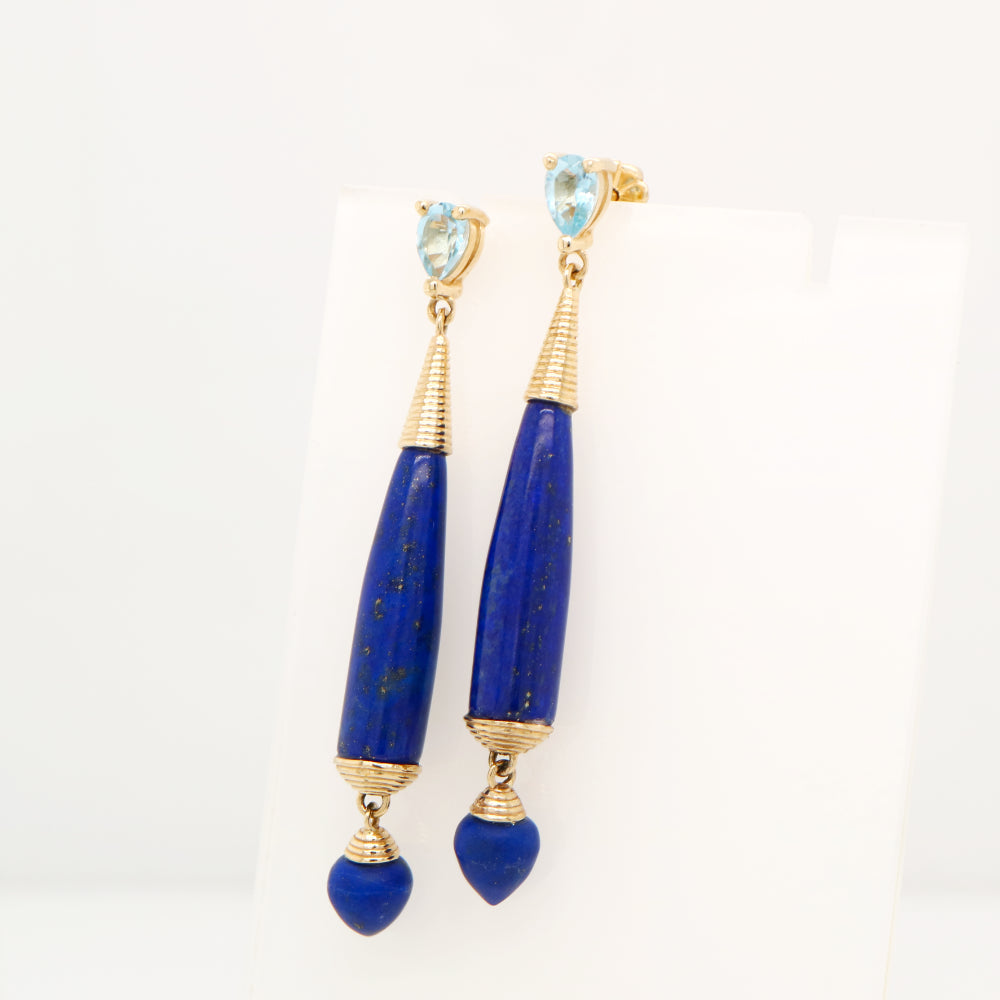 Natural lapis and blue topaz stud earrings in 9k yellow gold