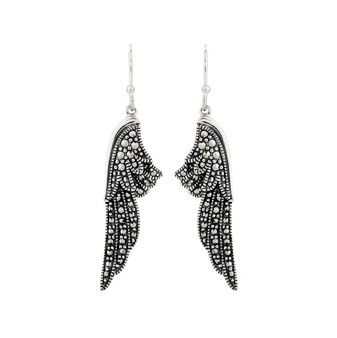 Sparkling angel wing drop earrings in marcasite in sterling silver