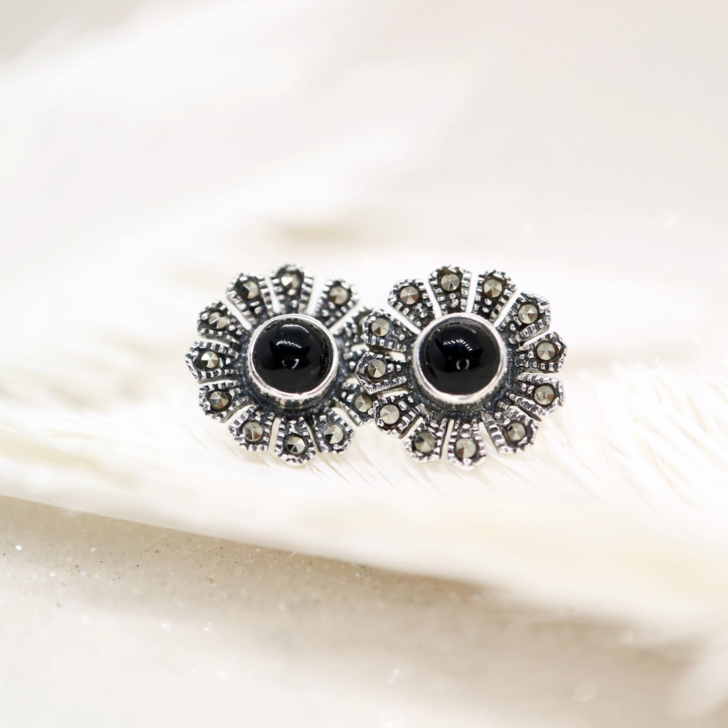 Flower stud earrings in onyx, marcasite and sterling silver