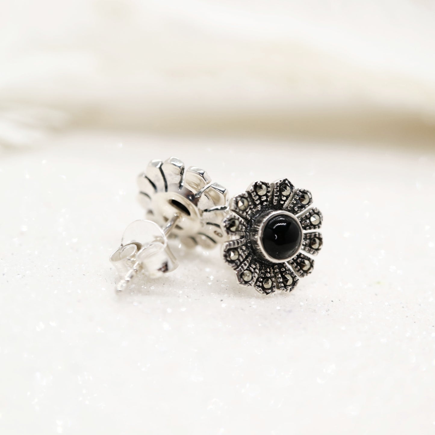 Flower stud earrings in onyx, marcasite and sterling silver
