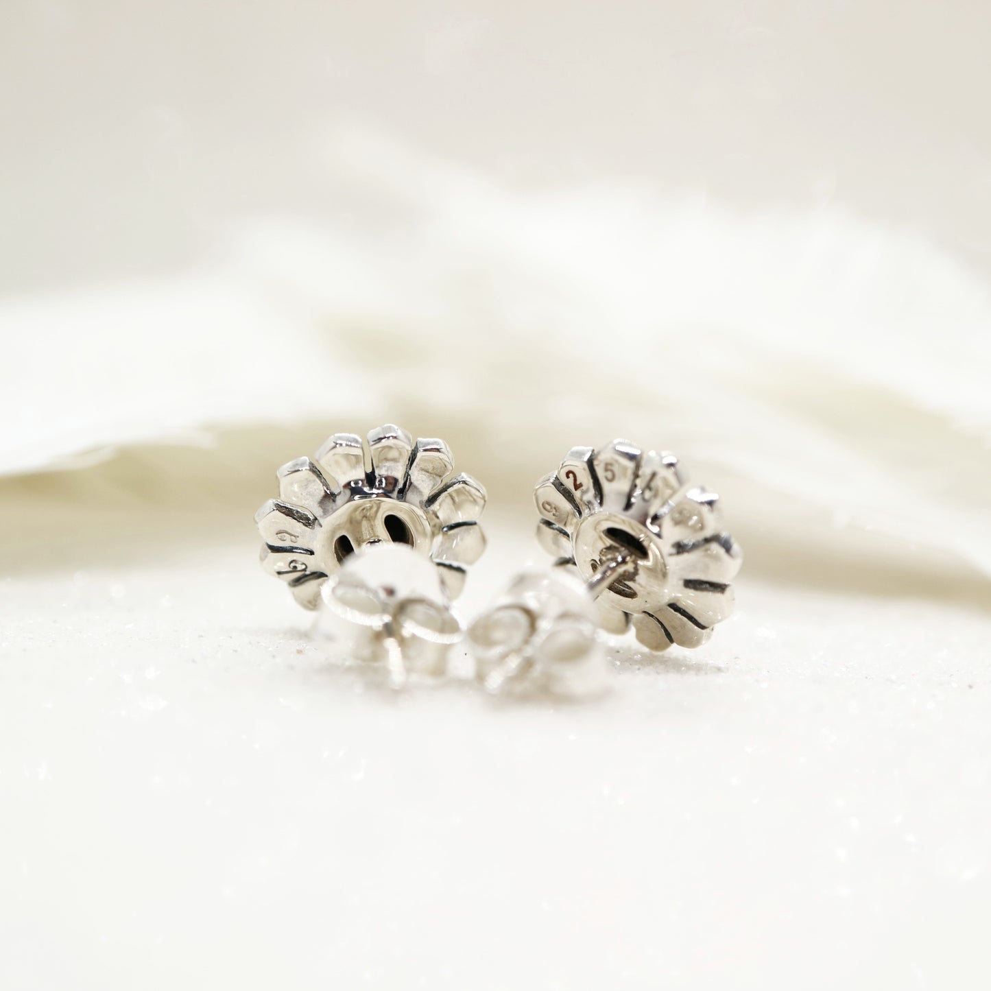 Flower stud earrings in onyx, marcasite and sterling silver