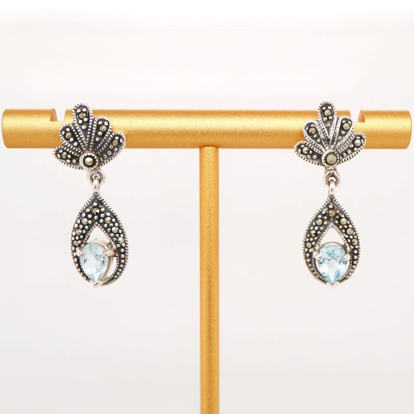 Blue topaz drop earrings with marcasite in sterling silver
