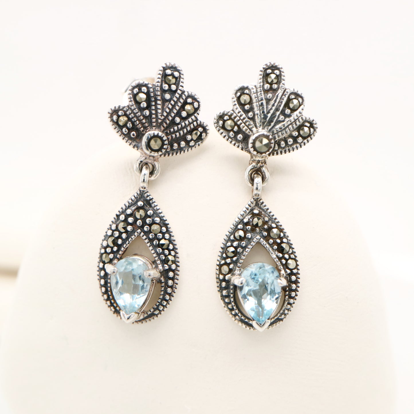 Blue topaz drop earrings with marcasite in sterling silver