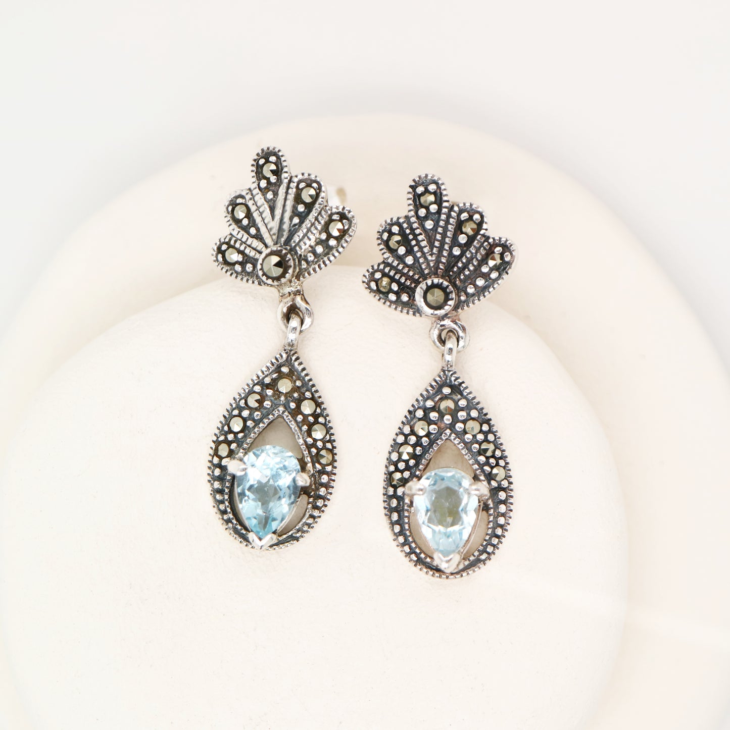 Blue topaz drop earrings with marcasite in sterling silver