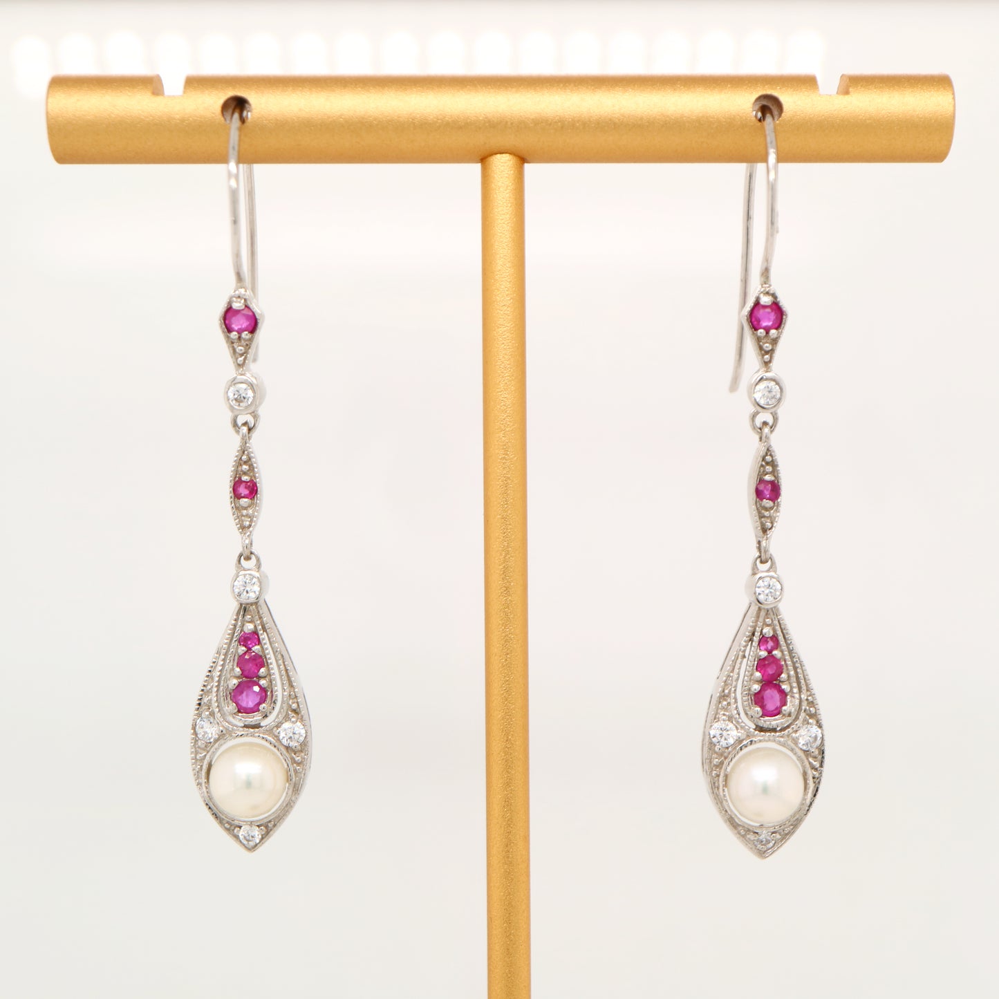 Pearl with laboratory grown ruby and cz dangle earrings in sterling silver