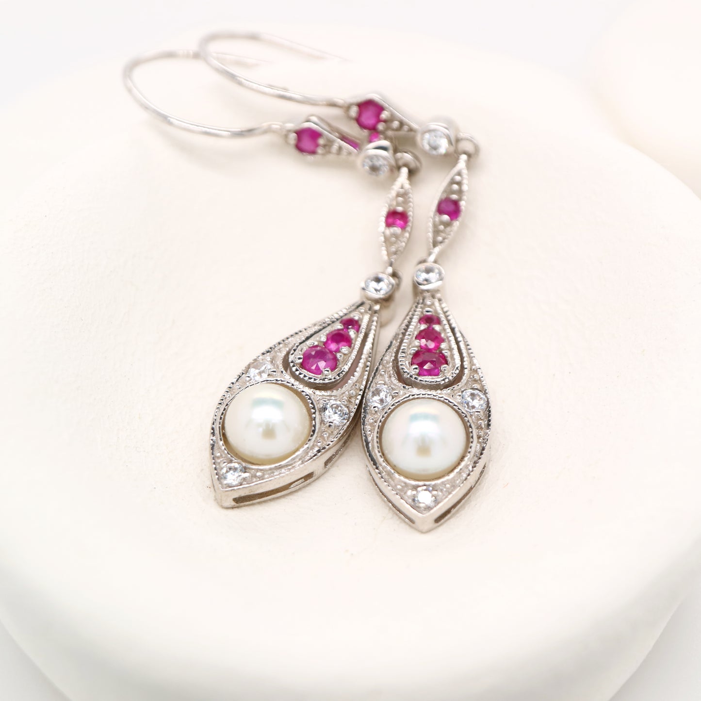 Pearl with laboratory grown ruby and cz dangle earrings in sterling silver