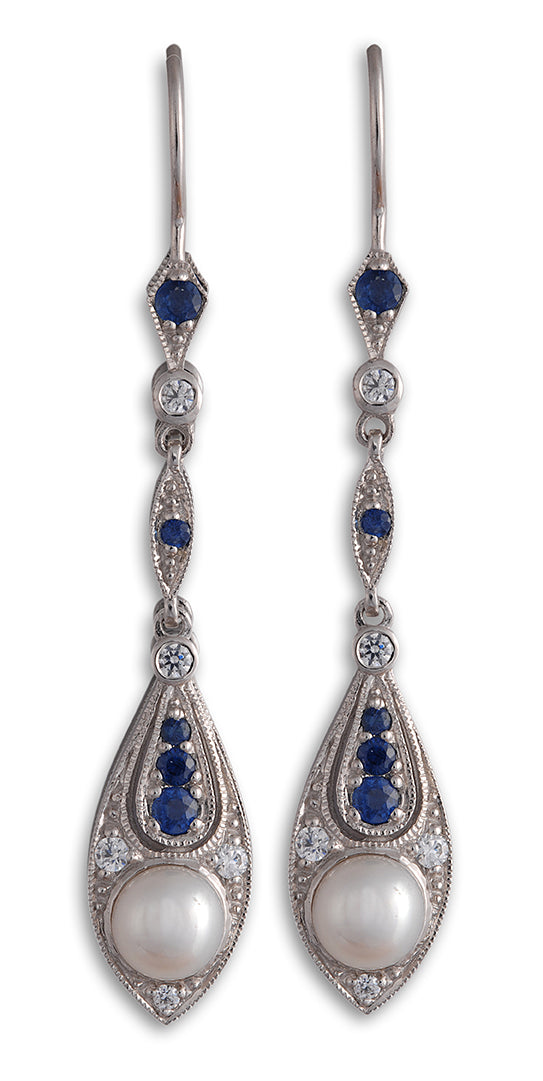 Pearl with laboratory grown sapphire and cz dangle earrings in sterling silver