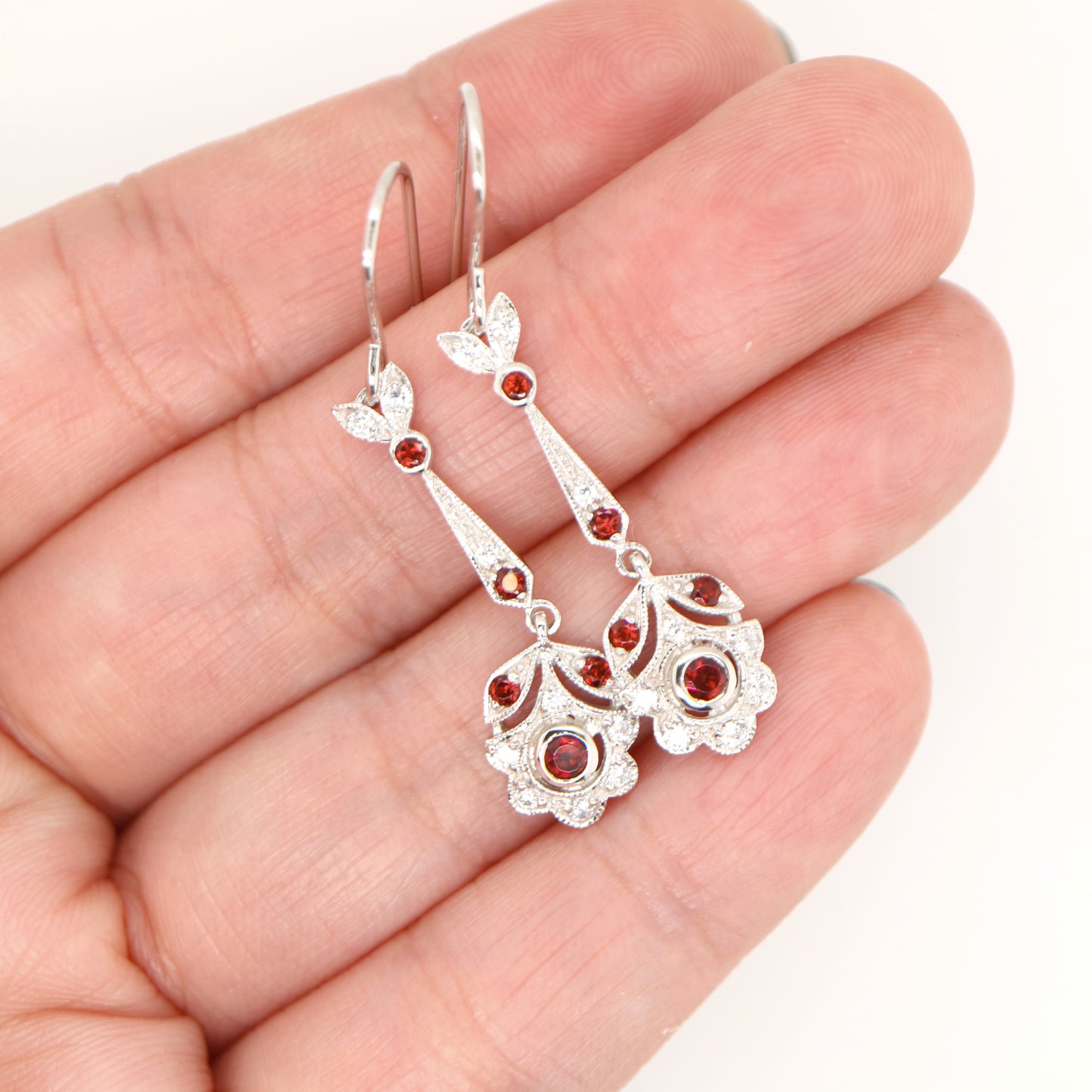 Floral drop earrings with laboratory grown ruby and cz in sterling silver