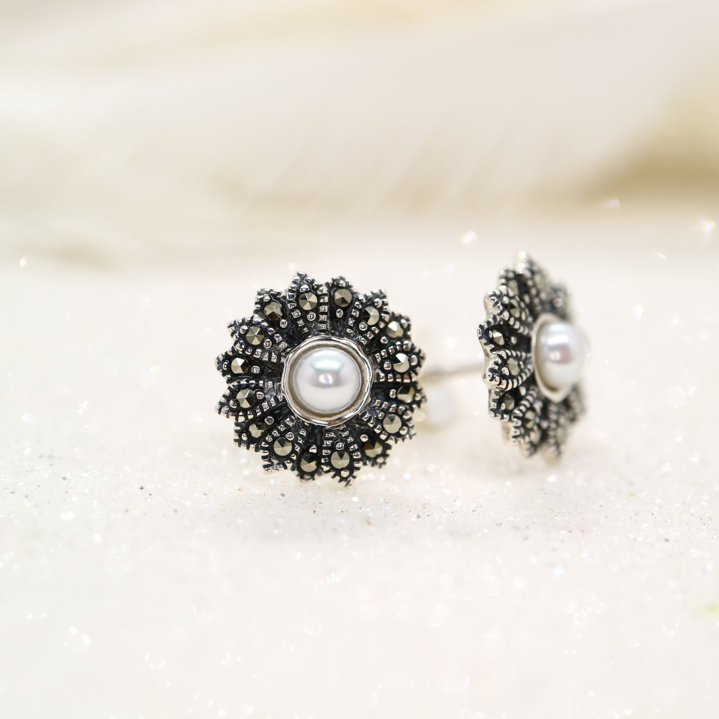 Vintage flower stud earrings with pearl, marcasite and sterling silver