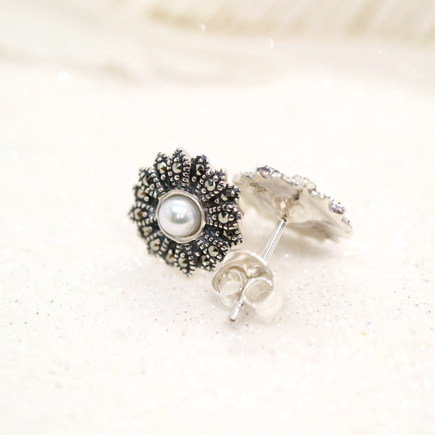 Vintage flower stud earrings with pearl, marcasite and sterling silver