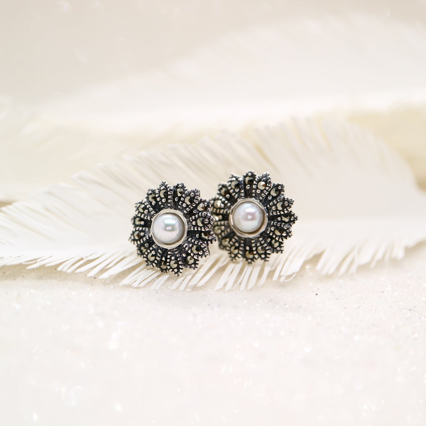 Vintage flower stud earrings with pearl, marcasite and sterling silver