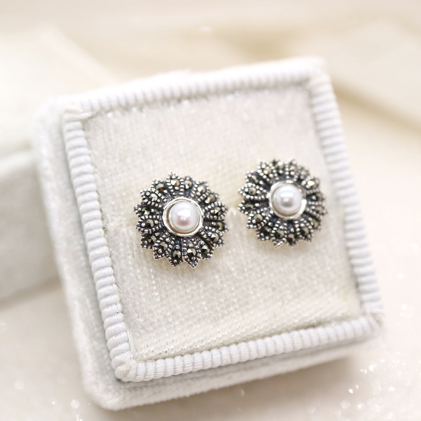Vintage flower stud earrings with pearl, marcasite and sterling silver