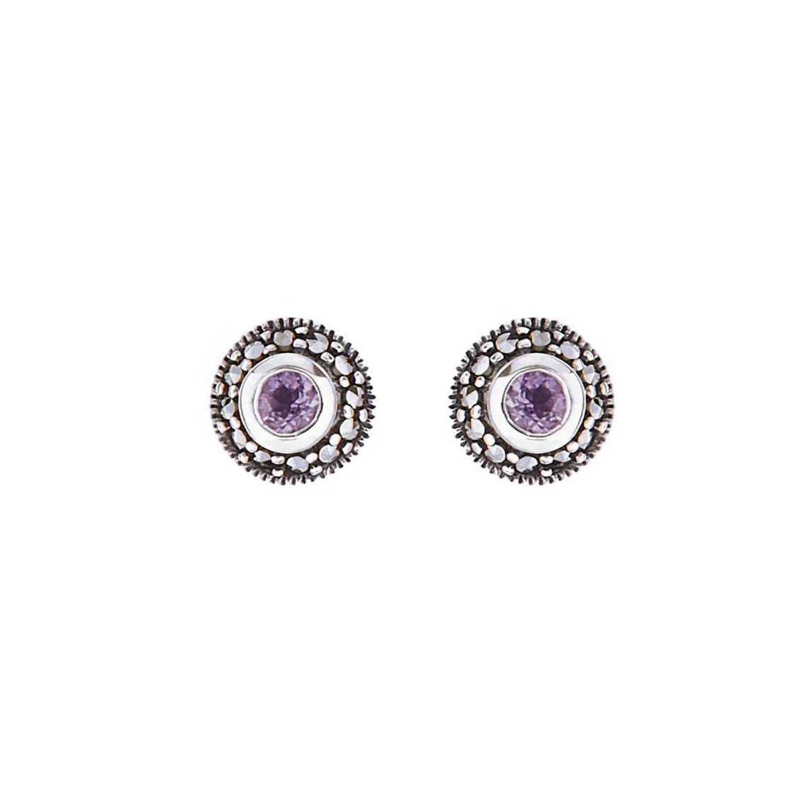 Art deco stud earrings with amethyst and marcasite in sterling silver