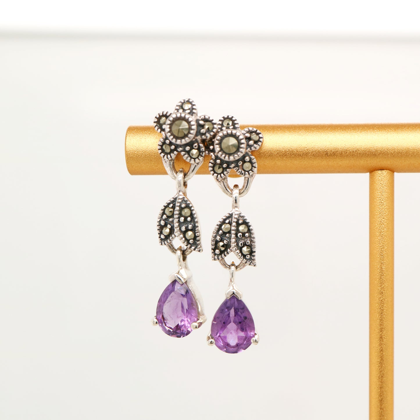 Marcasite flower earrings with amethyst drop in silver