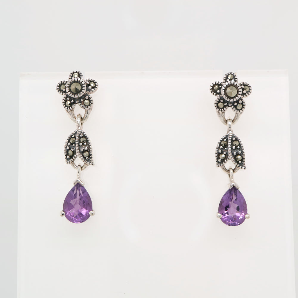 Marcasite flower earrings with amethyst drop in silver