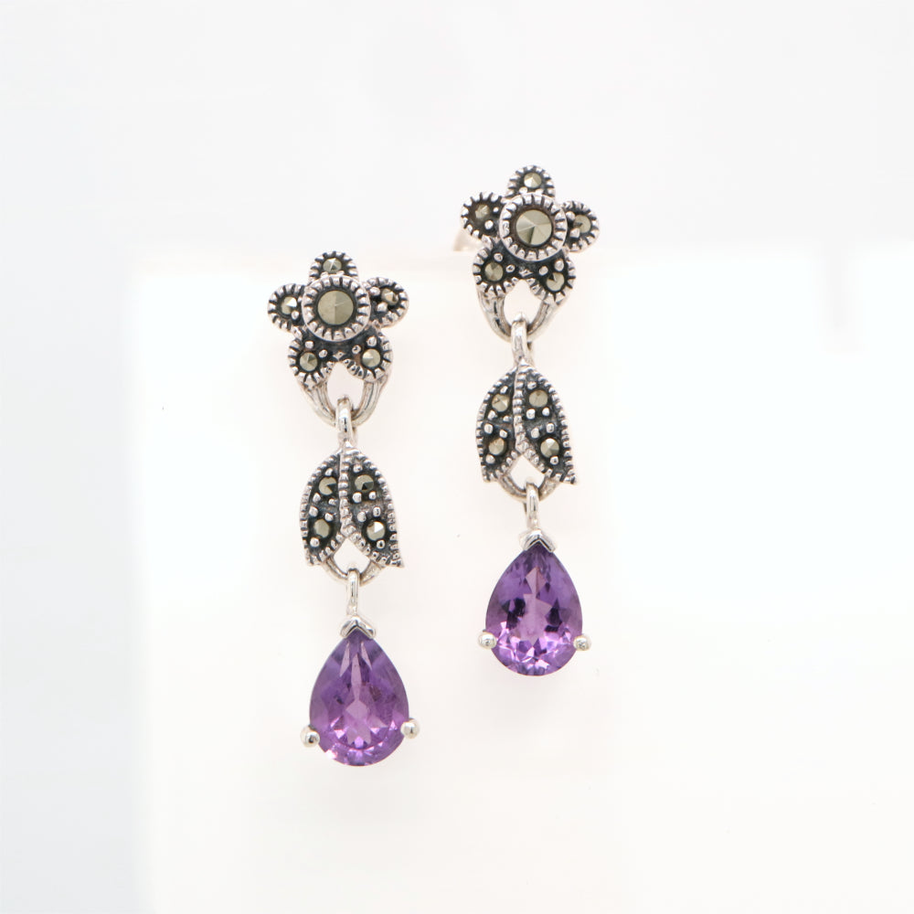 Marcasite flower earrings with amethyst drop in silver