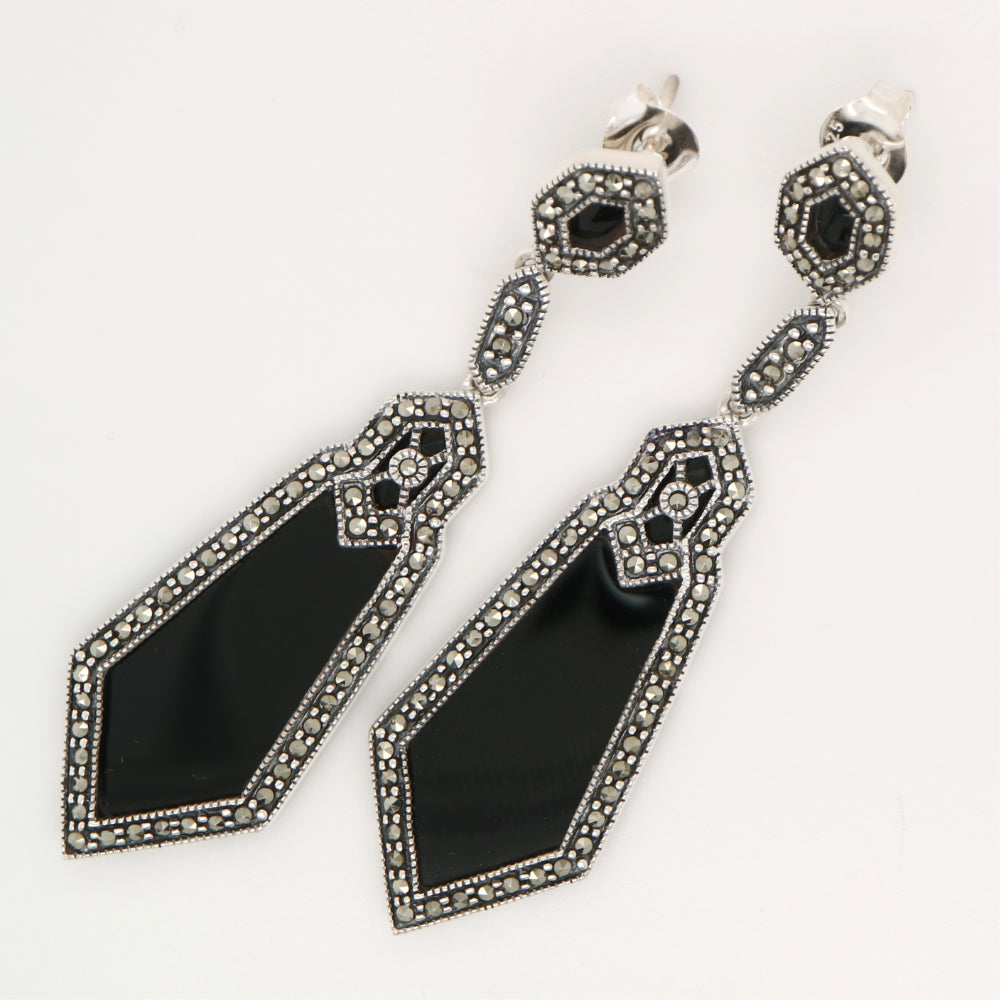 Art deco drop earrings in onyx paired with marcasite and sterling silver