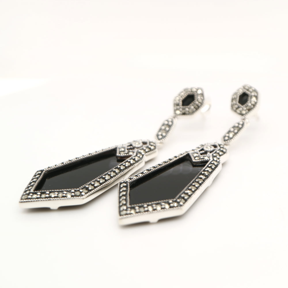 Art deco drop earrings in onyx paired with marcasite and sterling silver