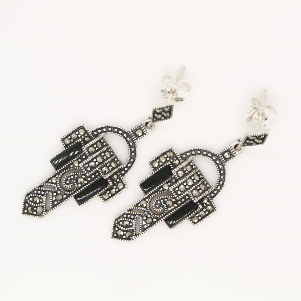 Art deco design earrings in onyx, marcasite and sterling silver