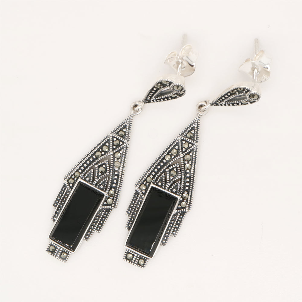 Art deco style drop earrings in black onyx, marcasite and sterling silver