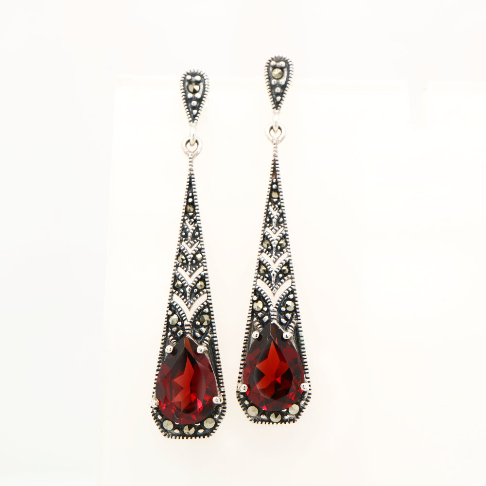 Art deco garnet drop earrings with marcasite in sterling silver