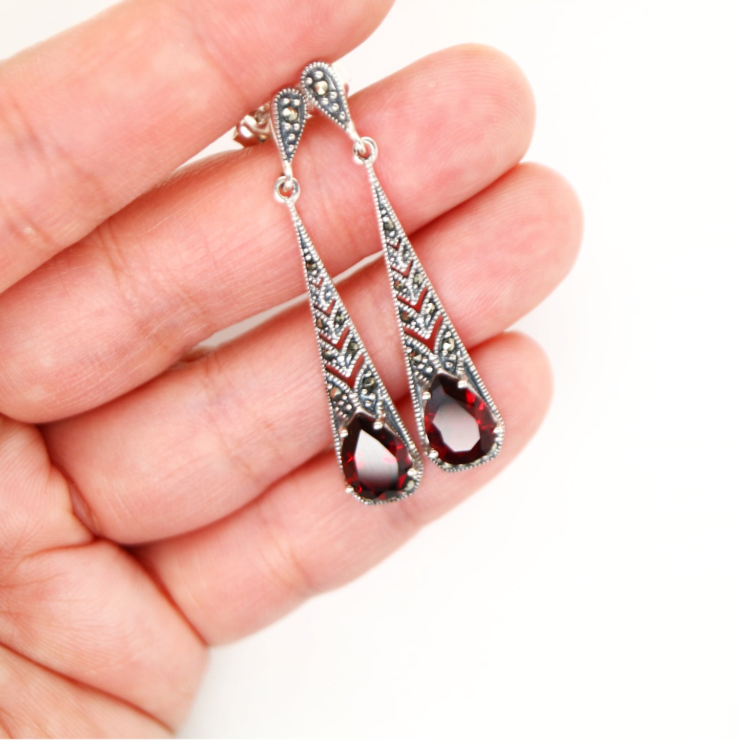 Art deco garnet drop earrings with marcasite in sterling silver