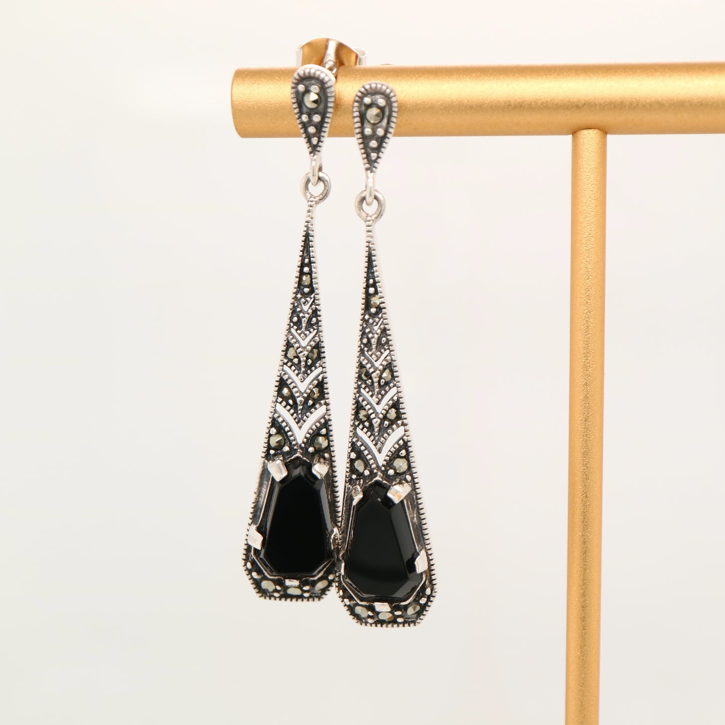 Art deco onyx drop earrings with marcasite in silver