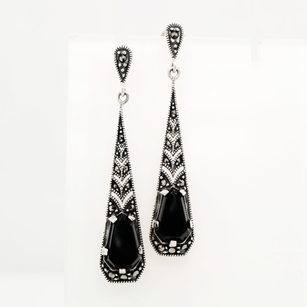 Art deco onyx drop earrings with marcasite in silver