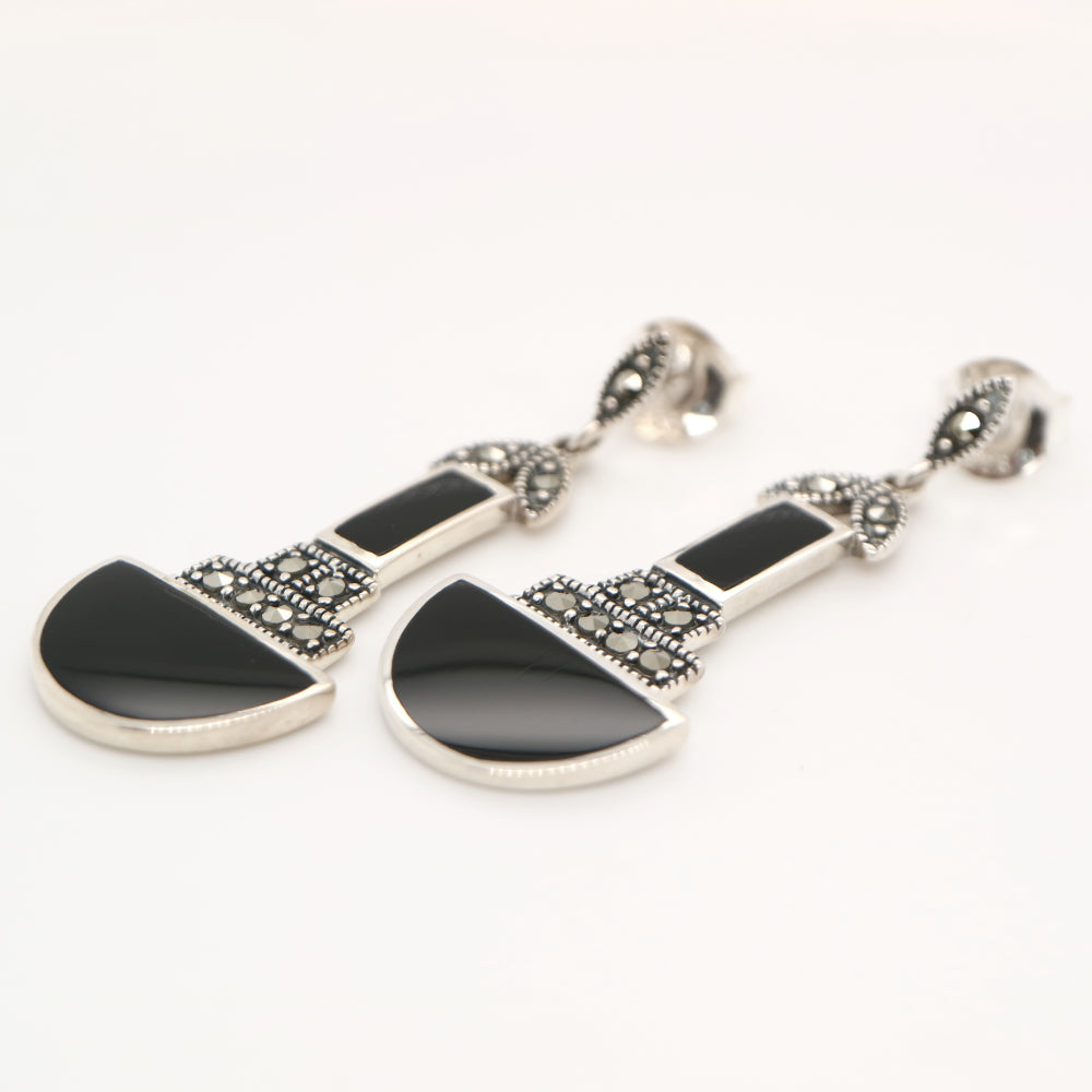 Art deco drop earrings with black onyx and marcasite in sterling silver
