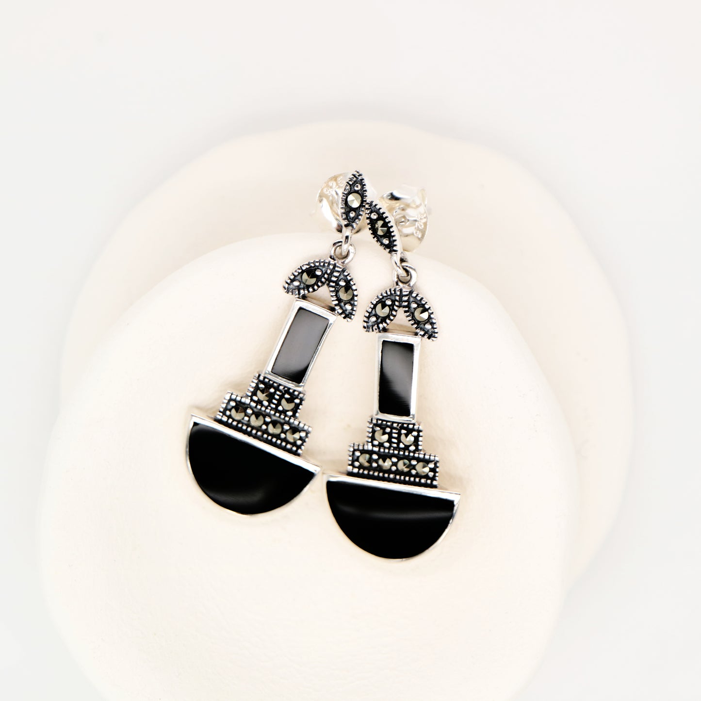 Art deco drop earrings with black onyx and marcasite in sterling silver