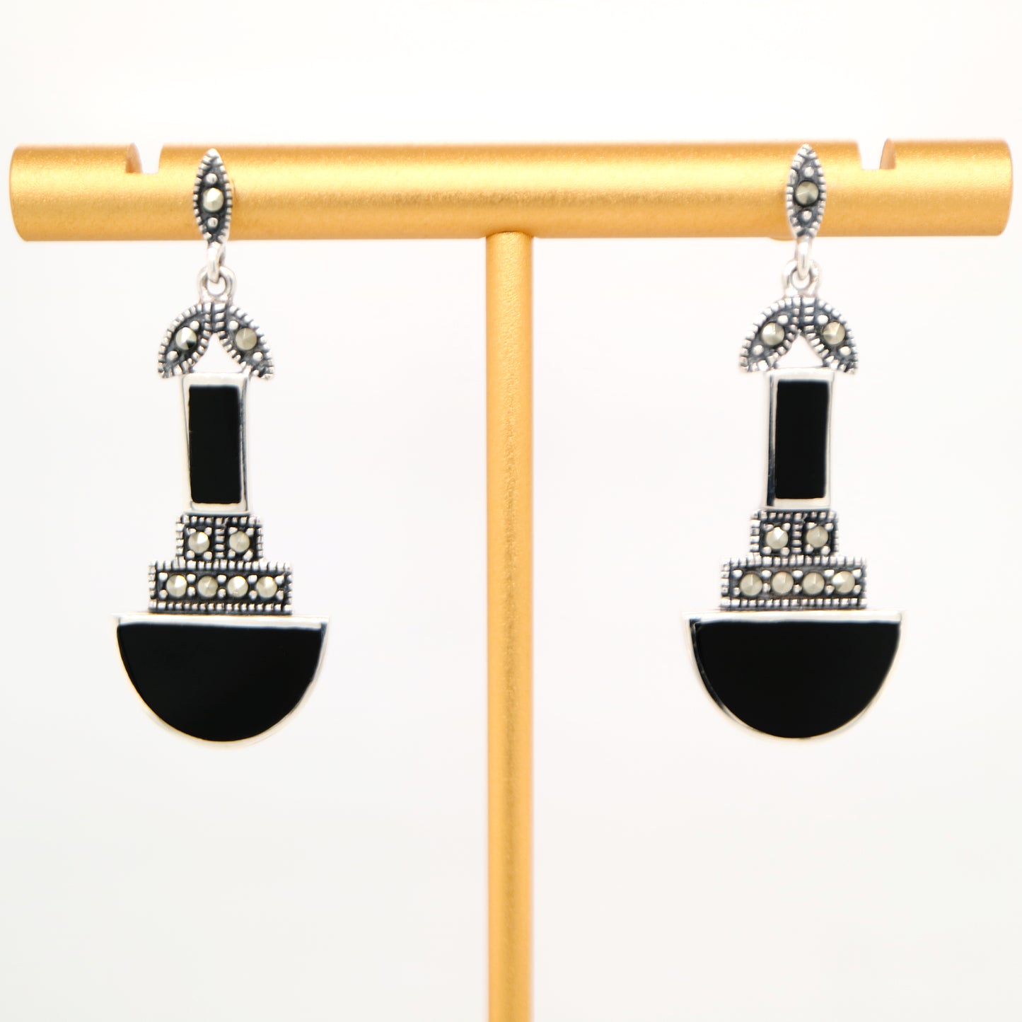 Art deco drop earrings with black onyx and marcasite in sterling silver