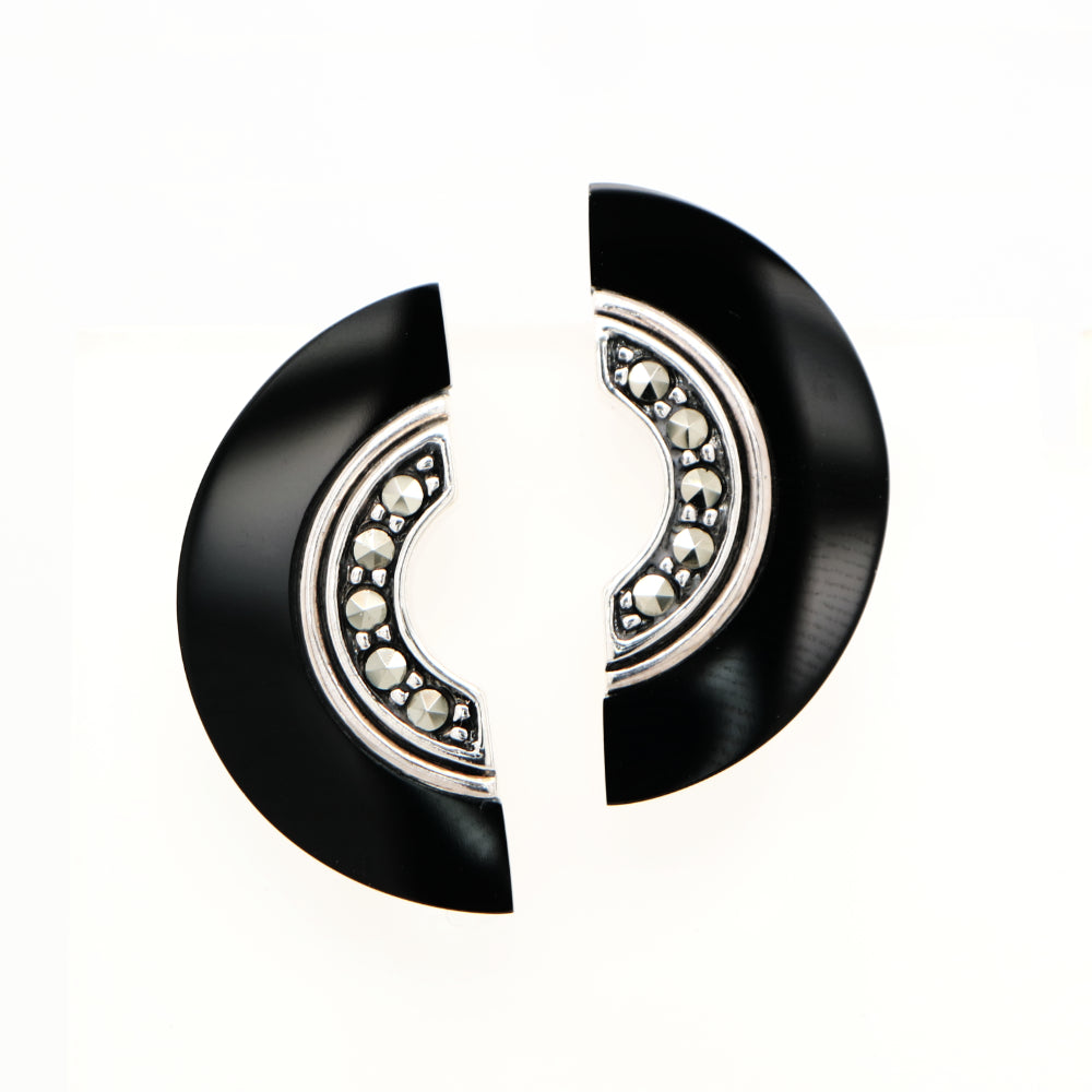 Art deco onyx fan earrings with marcasite in sterling silver